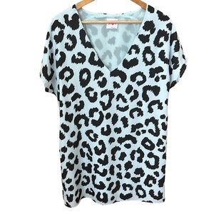 Buddy Love Muted Light Blue Sheath V-Neck Fully Lined Dress Black Animal Print